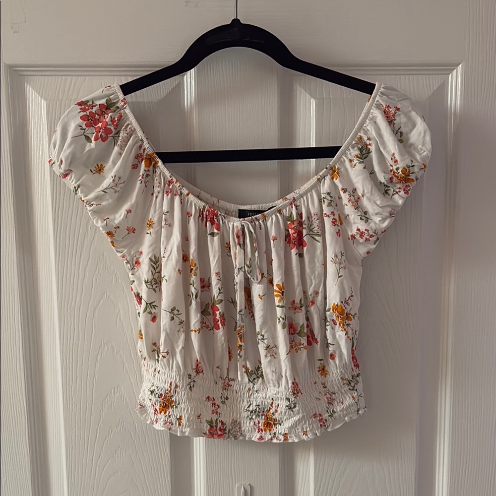 Forever 21 White Off the Shoulder Cap Sleeve Smocked Blouse